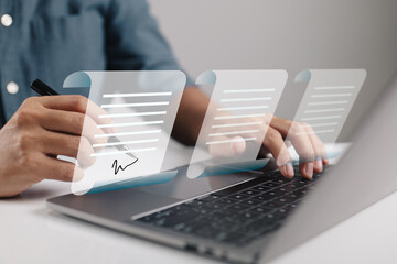 Poster - Agreement. Contracts were signed. Businessman using laptop with E-document icons, paperless office concept.