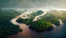 Aerial View Of Tropical Rainforest And River. Climate And Nature Concept Landscape. 3D Illustration.