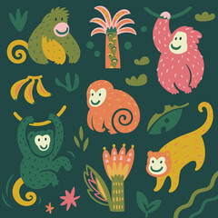 Wall Mural - Collection of cute funny monkeys and palms trees. Vector illustration