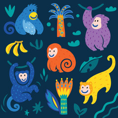 Wall Mural - Collection of cute funny monkeys and palms trees. Vector illustration