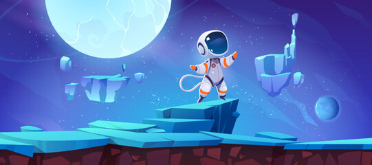 Poster - game level background with cute spaceman on alien planet surface. vector cartoon illustration of gro