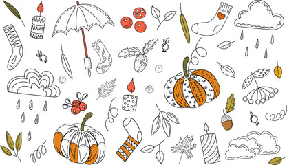 Wall Mural - autumn set doodle sketch on white background isolated, vector