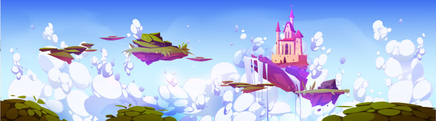 Poster - fantastic pink castle and waterfall flying on island in sky. cartoon illustration of magic landscape