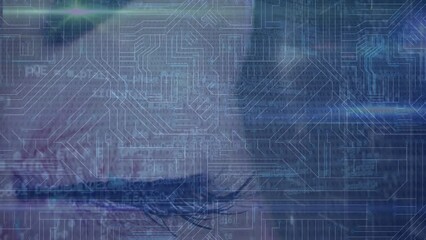 Poster - Animation of caucasian woman eye with data processing, hud elements on digital interface