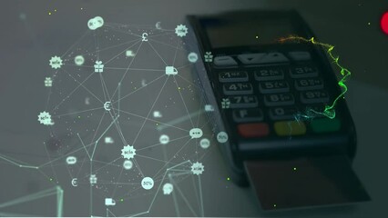 Poster - Animation of icons forming globe and glowing circles and flying streaks over card reader