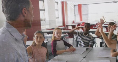 Poster - Animation of caucasian teacher with multiracial students in classroom over infographic interface