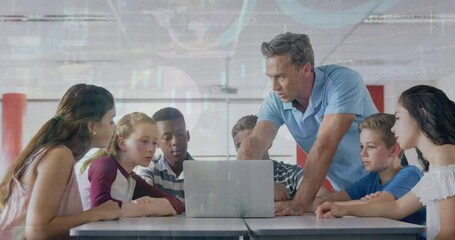 Poster - Animation of male teacher teaching multiracial students with laptop over infographic interface