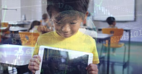 Poster - Animation of asian boy holding digital tablet over globe, trading board and programming language