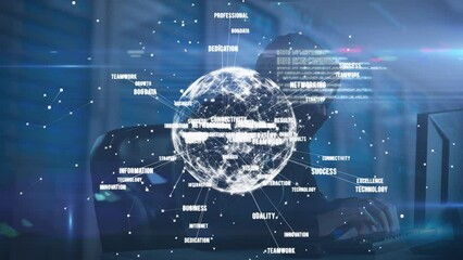 Poster - Animation of globe with network of connetions and data processing over male hacker in server room