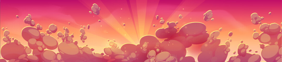 Wall Mural - sunset sky above clouds with sun rays on red and orange background. fluffy cloudy panorama, peaceful