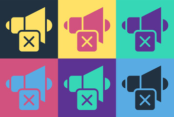 Poster - Pop art Speaker mute icon isolated on color background. No sound icon. Volume Off symbol. Vector