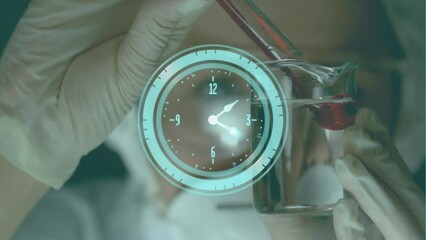 Poster - animation of neon ticking clock over caucasian female scientist working at laboratory