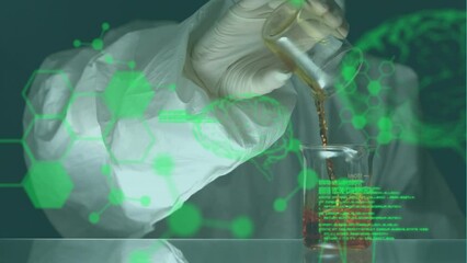 Poster - Animation of medical data processing over mid section of scientist working at laboratory