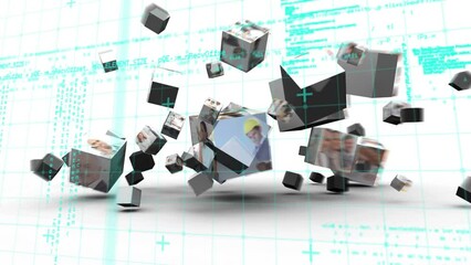 Poster - Animation of data processing over cubes with diverse people on white background
