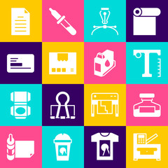 Sticker - Set Copy machine, Ink bottle, Text, Fountain pen nib, Carton cardboard box, Business, File document and Printer ink cartridge icon. Vector