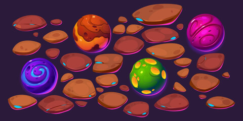 Wall Mural - Alien planets, asteroids, stones and rock rubbles. Vector cartoon set of unusual futuristic planets, cobblestones, brown smooth boulders isolated on background