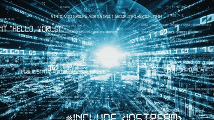Software development, application programming code and tacit computer coding . Concept of smart digital transformation and technology disruption that changes global trends in new information era .