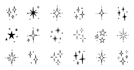 Aufkleber - Line star glitter shine of doodle set. Star shine glow, spark glitter, sparkle light vector illustration. Hand drawn sketch doodle style..