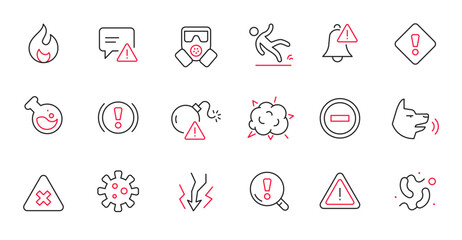 Wall Mural - danger biohazard line icon set. fire danger, toxic, chemical radiation sign. virus, bomb, gas mask a