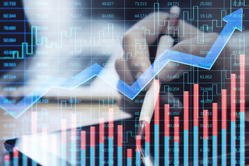 Aufkleber - hands using digital tablet with pen and other devices with creative growing financial forex chart with upward arrow on blurry background. Market, stock and trading concept. Double exposure.