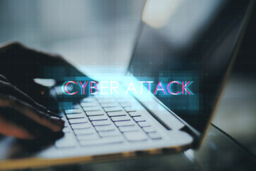 Poster - Close up of hands using notebook keyboard with creative digital text hologram on blurry background. Cybr attack, technology and ai concept.