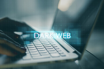 Poster - Close up of hands using laptop computer with creative digital text hologram on blurry background. Dark web, technology and ai concept.