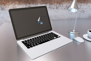 Aufkleber - Close up of modern grunge style desktop workspace with empty mock up laptop with lamp reflections screen. 3D Rendering.