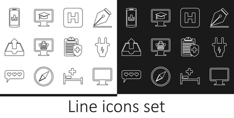 Canvas Print - Set line Computer monitor screen, Electric plug, Hospital, Monitor with shopping basket, Upload inbox, Smartphone download, Clipboard medical insurance and graduation cap icon. Vector