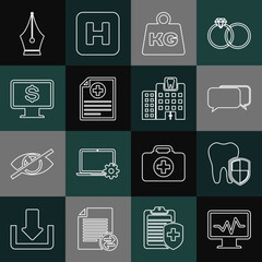 Sticker - Set line Monitor with cardiogram, Dental protection, Chat, Weight, Clinical record, dollar, Fountain pen nib and clinic icon. Vector