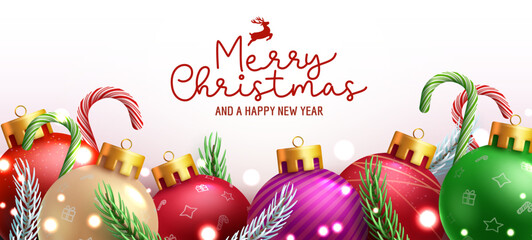 Wall Mural - Christmas balls vector background design. Merry christmas greeting text with colorful and shiny xmas ball, candy cane and leaves for holiday season messages. Vector illustration.
