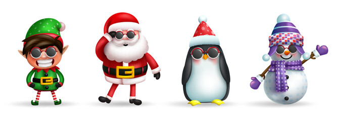 Poster - Christmas characters vector set design. Santa claus, elf, snowman and penguin 3d christmas character isolated in white background for xmas holiday collection. Vector illustration.
