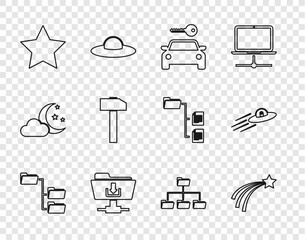 Poster - set line folder tree, falling star, car rental, ftp folder download, star, hammer, and ufo flying sp