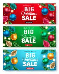 Wall Mural - Christmas big sale vector banner set. Christmas big sale text with holiday offer promo discount with colorful decoration element for xmas season shopping promotion. Vector illustration.
