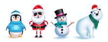 Christmas Character Vector Set Design. Santa Claus, Penguin, Polar Bear And Snowman Characters Isolated In White Background For Xmas Holiday Season Collection. Vector Illustration.
