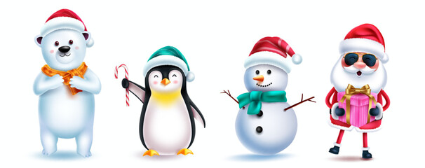 Poster - Christmas characters vector set design. Santa claus, polar bear, snowman and penguin 3d christmas character isolated in white background for xmas holiday collection. Vector illustration.
