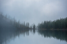 Tranquil Meditative Misty Scenery Of Glacial Lake With Pointy Fir Tops Reflection At Early Morning. Graphic EQ Of Spruce Silhouettes On Calm Alpine Lake Horizon In Mystery Fog. Ghostly Mountain Lake.