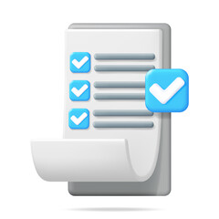 Poster - 3D Paper Clipboard Holder with Checklist Symbol. Clipboard with Paper Sheet and Blue Check Mark Icon. Checkmark Tick Confirmation. Right Choice. Agreement, Approval or Trust. Vector Illustration