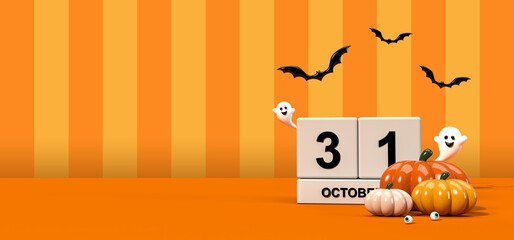 Halloween orange banner with white wooden calendar on OCTOBER 31 decorated with ghosts, bats, and pumpkins with copy space. 3D rendering.