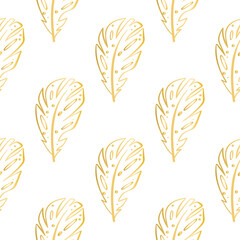 Golden decorative feathers seamless pattern vector illustration. Repeat gold feather background. Print for textile, packaging, paper, wallpaper and design