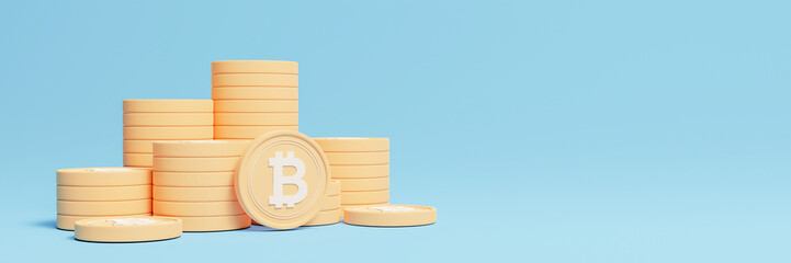 Canvas Print - 3D Golden Bitcoin crypto currency Stacking isolated on blue background. Yield farming involves lending or staking cryptocurrency exchange for interest and other rewards. used for website banners