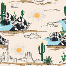 Desert Vector Pattern, Mountain, Cactus, Sea, Sky, Sun, Seamless Pattern Vector Summer Cactus On Desert Mix With Beautiful Blooming Succulents Flower For Fashion Fabric And All Prints, Cactus Seamless