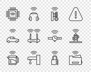 Wall Mural - Set line Smart electric kettle, printer, thermometer, water tap, Processor with microcircuits CPU, Router and wi-fi signal, safe combination lock and Wireless antenna icon. Vector