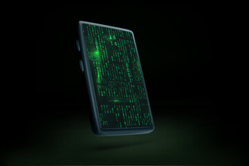 Leinwandbilder - 3D mobile phone with binary data stream in matrix style on screen. Abstract sci fi futuristic phone wallpaper mock up