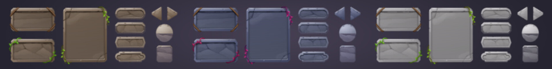 Poster - Stone game menu boards with vines, rope and leaves. Tablets, buttons, cartoon interface plaques, frames and arrows of rocky texture. Ui or gui design elements. Isolated user panel keys, Vector set