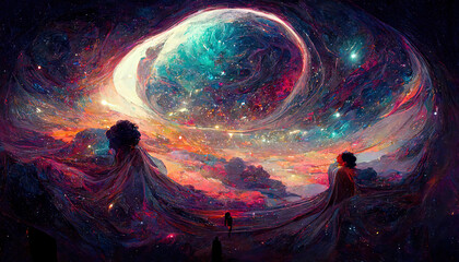 Wall Mural - Fantasy fairy tail abstract wallpaper with galaxy space Universe illustration in background with stars, planets and colorful blue, pink, red, orange, teal, turquoise clouds and sky with milky way