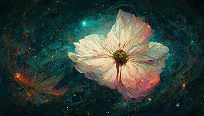 Wall Mural - Abstract, beautiful galaxy illustration flower in cosmos, the universe in the background, artistic visualization fantasy fairy tail wallpaper with glowing stars and planets colorful futuristic concept