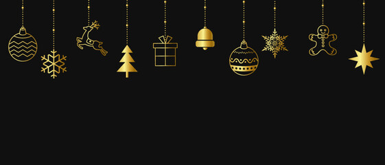 Luxury vector illustration background of gold Christmas ornaments on black background.