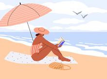 Woman Relaxing With Book On Beach On Summer Holiday. Suntanned Girl Reading And Sunbathing On Towel, Sand Under Umbrella. Person At Seaside, Resort On Summertime Vacation. Flat Vector Illustration