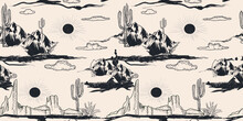 Desert, Outdoors, Adventure, Vector Pattern, Black And White, Western Cartoon Desert Landscape Seamless Pattern With Cactuses, Herbs, Sand Dunes And Stones. Detailed Colored  Background. Black White ,