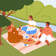 Wall Mural - Women friends gathering for summer picnic in nature. Happy girls relaxing with food on blanket outdoors. Girlfriends talking, eating pizza on grass under tree in park. Flat vector illustration